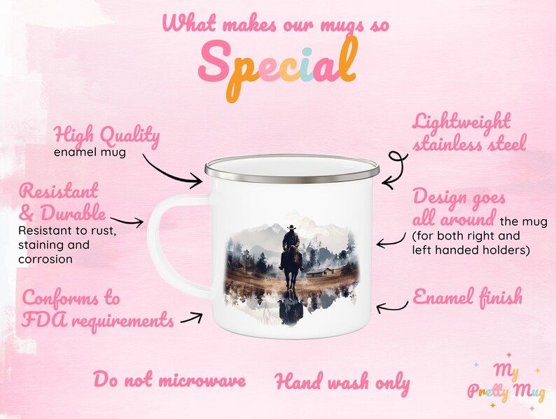 Infographic detailing quality features of the Cowboy enamel mug