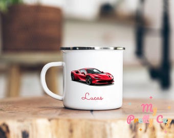 Roter Sportwagenbecher, personalisierter Autobecher, Rennwagen-Kaffeebecher, Rennwagen-Kaffeebecher, Sportwagen-Teetasse, Emaille-Rennwagenbecher, Geschenk für ihn, Autobecher