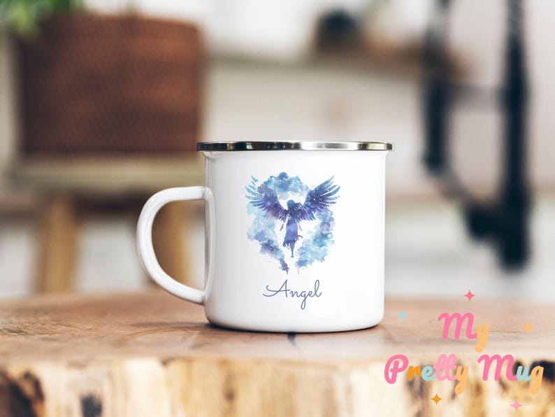 Angel Over The Clouds Mug Personalized Angel Mug Angel Coffee Mug Angel Coffee Cup Angel Tea Cup Enamel Angel Wings Mug Gift For Kids Illustration Of An Angel Flying Over The Clouds, Heaven Mug, Rest In Peace Mug.