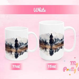 White Cowboy ceramic mug with a colorful Western design, showing 11 oz and 15 oz options