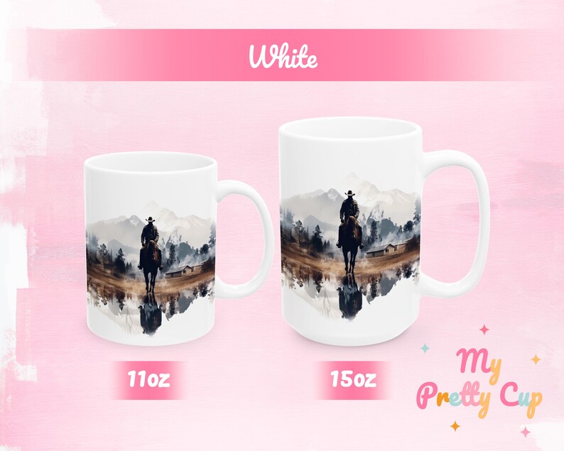 White Cowboy ceramic mug with a colorful Western design, showing 11 oz and 15 oz options
