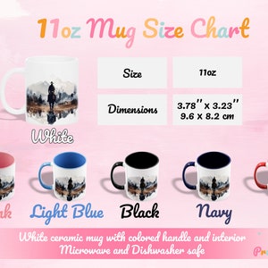 11 oz Cowboy mug size chart showing dimensions and available color options