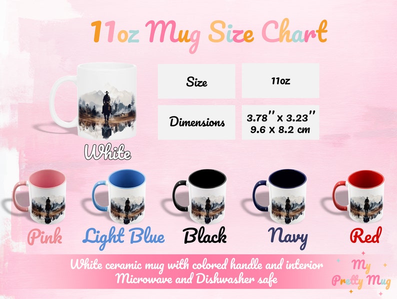 11 oz Cowboy mug size chart showing dimensions and available color options