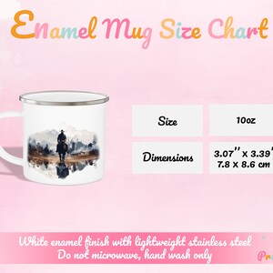 Enamel mug size chart graphic showing product dimensions and fluid capacity measurement
