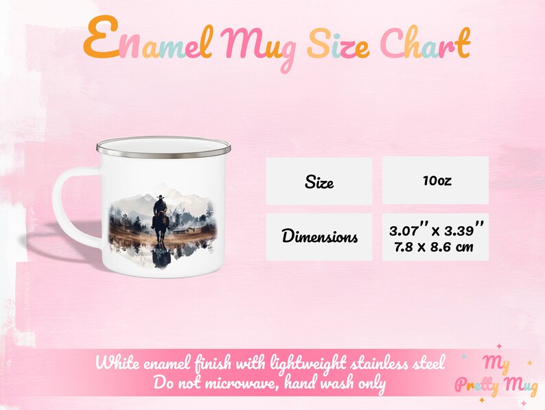 Enamel mug size chart graphic showing product dimensions and fluid capacity measurement