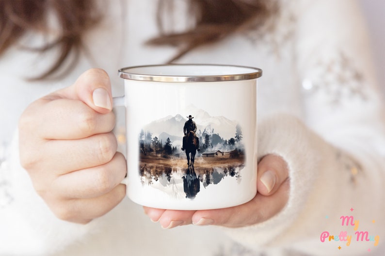 Woman holding a Cowboy enamel camp cup with a colorful Western design