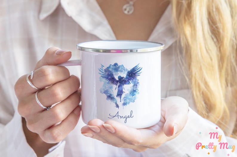 Angel Over The Clouds Mug Personalized Angel Mug Angel Coffee Mug Angel Coffee Cup Angel Tea Cup Enamel Angel Wings Mug Gift For Kids Illustration Of An Angel Flying Over The Clouds, Heaven Mug, Rest In Peace Mug.