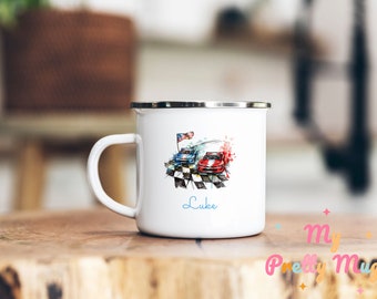 Rennwagen-Becher, personalisierter Rennwagen-Becher, Rennwagen-Geschenkbecher, Rennwagen-Kaffeebecher, Rennwagen-Teetasse, Rennwagen-Teebecher, Emaillebecher, Geschenk für ihn