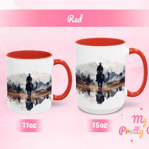 Red Cowboy kitchen mug with a colorful Western design, showing 11 oz and 15 oz options