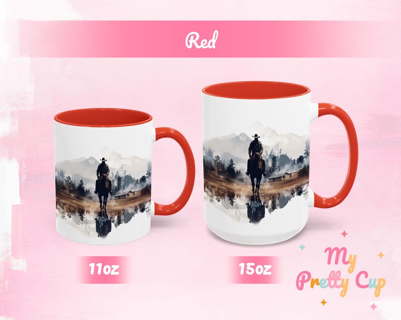 Red Cowboy kitchen mug with a colorful Western design, showing 11 oz and 15 oz options