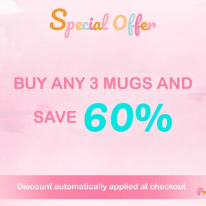 Special offer discount promotional banner on a pink background reading buy any 3 mugs and save 60 percent