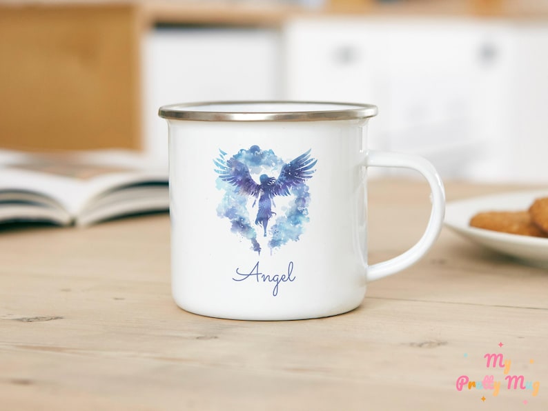 Angel Over The Clouds Mug Personalized Angel Mug Angel Coffee Mug Angel Coffee Cup Angel Tea Cup Enamel Angel Wings Mug Gift For Kids Illustration Of An Angel Flying Over The Clouds, Heaven Mug, Rest In Peace Mug.
