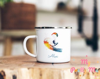 Taza de kitesurf saltando sobre una ola, taza de kitesurf personalizada, taza de café de kitesurf, taza de té de kitesurf, taza esmaltada, regalo para niños