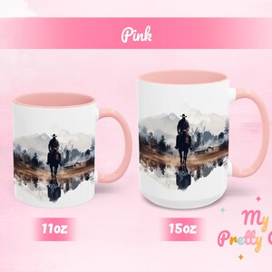 Pink Cowboy ceramic cup with a colorful Western design, showing 11 oz and 15 oz options