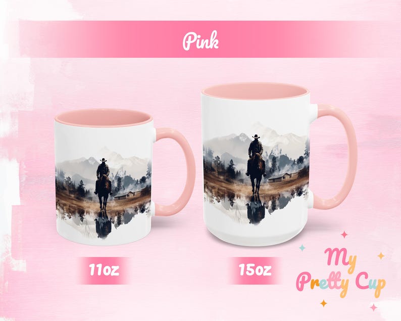 Pink Cowboy ceramic cup with a colorful Western design, showing 11 oz and 15 oz options