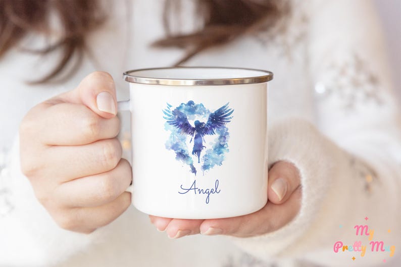 Angel Over The Clouds Mug Personalized Angel Mug Angel Coffee Mug Angel Coffee Cup Angel Tea Cup Enamel Angel Wings Mug Gift For Kids Illustration Of An Angel Flying Over The Clouds, Heaven Mug, Rest In Peace Mug.