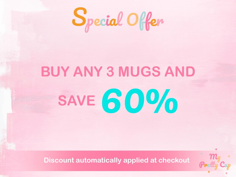 Special offer discount promotional banner on a pink background reading buy any 3 mugs and save 60 percent