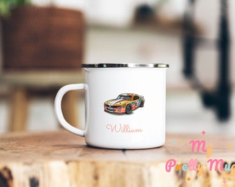 Rennwagen-Becher, personalisierter Rennwagen-Becher, Rennwagen-Geschenkbecher, Rennwagen-Kaffeebecher, Rennwagen-Teetasse, Rennwagen-Teebecher, Emaillebecher, Geschenk für ihn