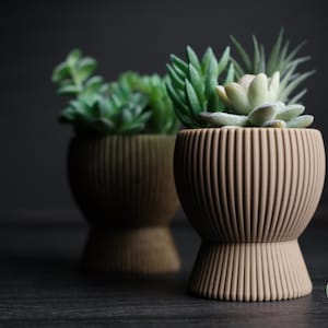 May include: Two brown ceramic planters with a ribbed design. The planters are filled with green succulents.