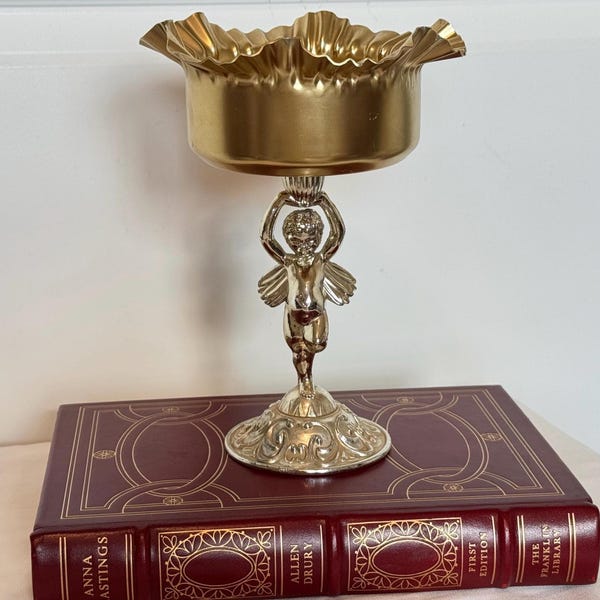 Vintage Gold & Silver Cherub Pedestal Dish | Hollywood Regency Decor