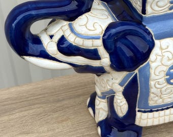 Vintage Chinoiserie Blue and White Ceramic Elephant Garden Plant