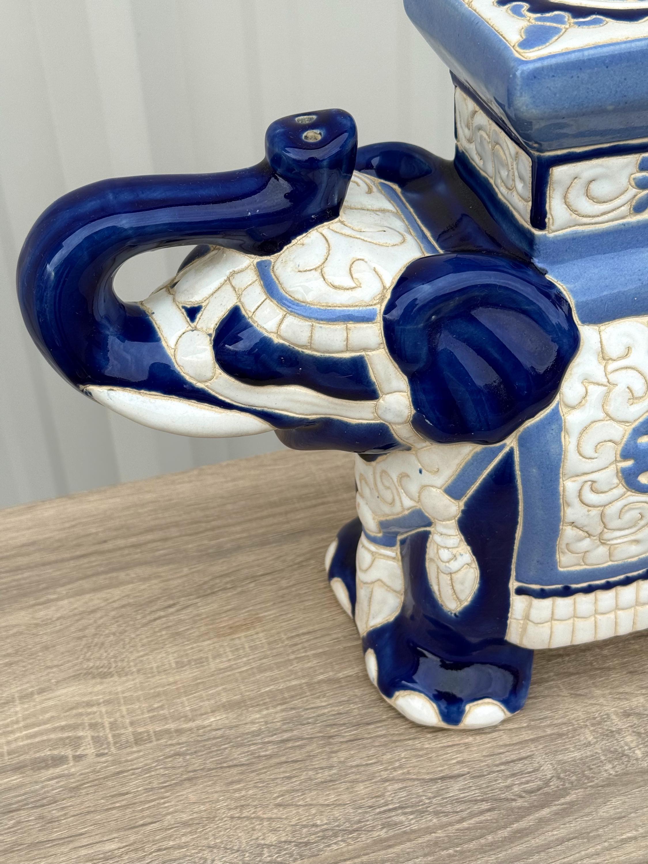 China Seas 象 陶器 置物 花器 小物入 Blue Elephant Pair Vintage