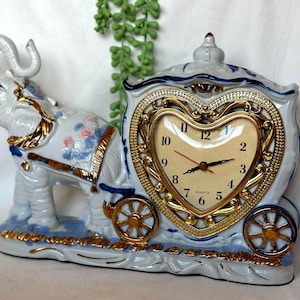 Vintage Porcelain White Blue Elephant Carriage Table Clock | Working Clock | Collectible Elephant Decor | Mantel Table Clock