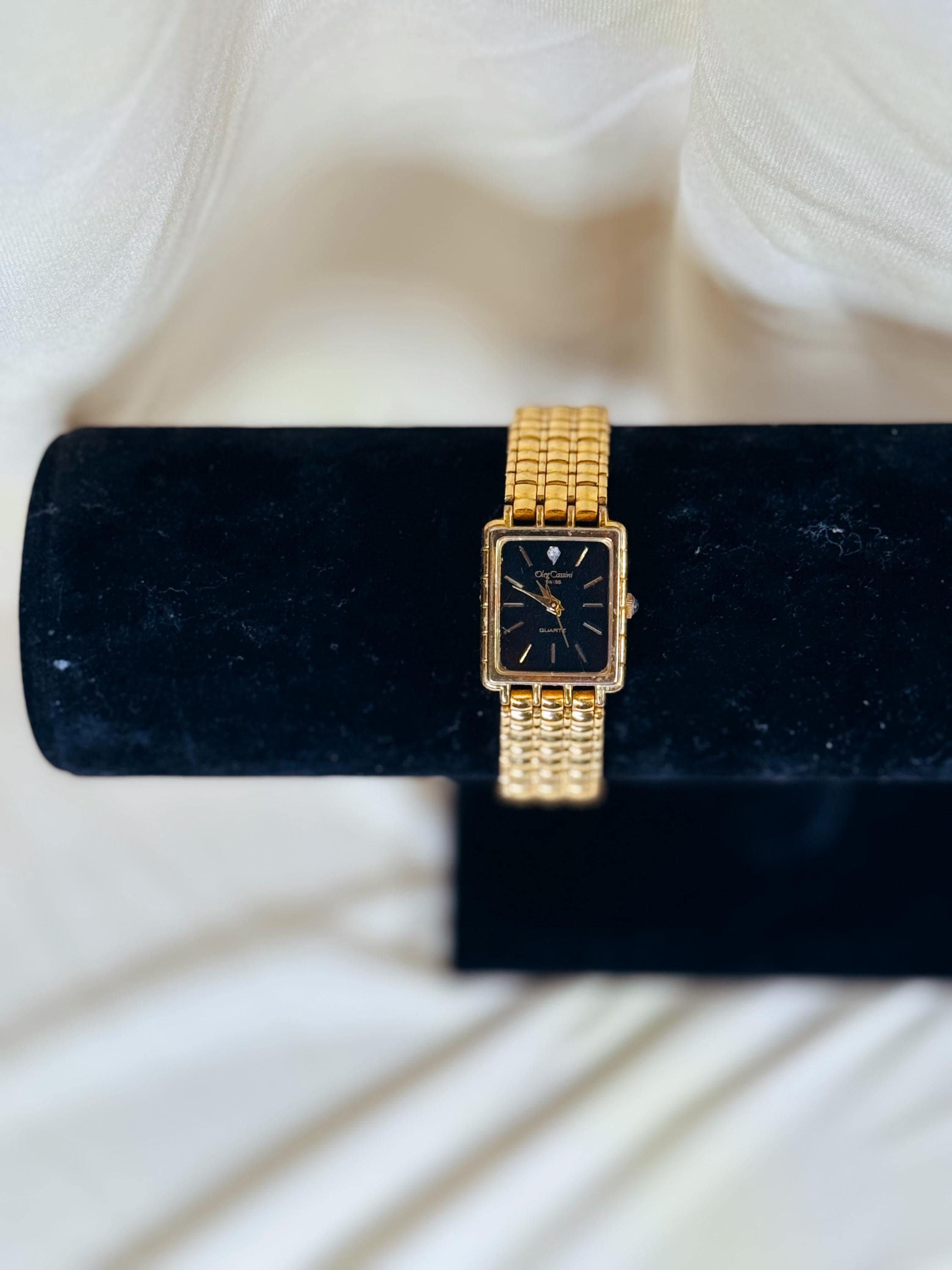 Vintage Oleg Cassini Gold Tone Textured Bracelet Watch Black Dial Quartz 19mm Elegant Oleg Cassini Black and Gold-tone Watch - Etsy main image 2