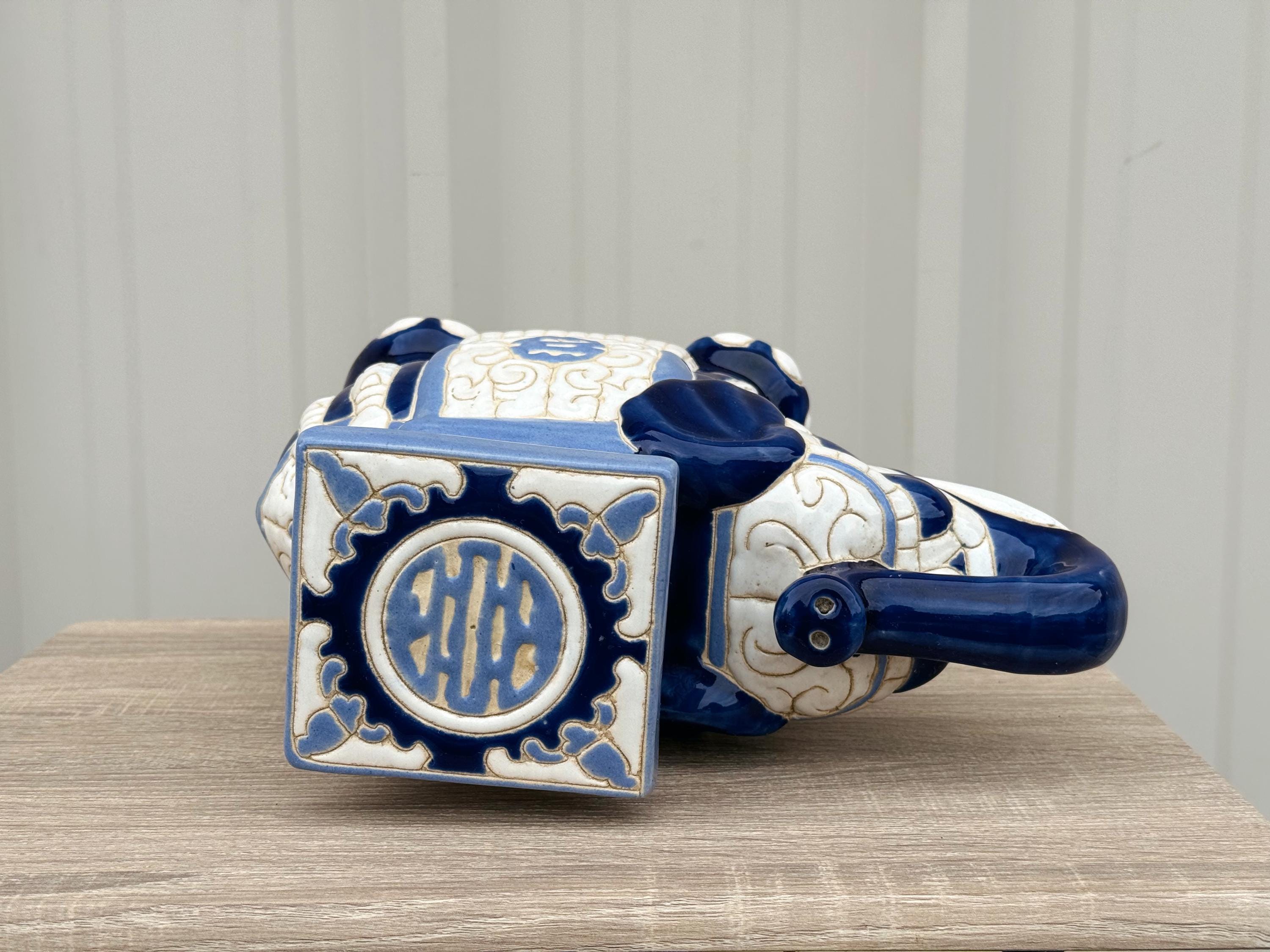 Vintage Chinoiserie Blue and White Ceramic Elephant Garden Plant