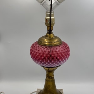 Vintage Pink Hobnail Glass Lamp with Marble Base & Brass Body – Mid Century Cranberry Style Accent Lighting, Retro Table Lamp