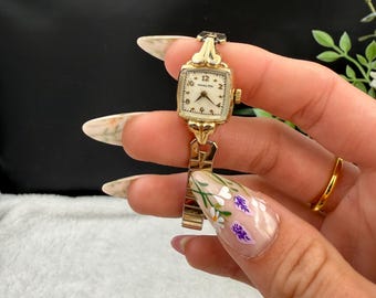 Reloj de cóctel Hamilton vintage para mujer, caja L&K chapada en oro de 10 quilates, reloj de pulsera mecánico Art Déco de mediados de siglo, correa elástica Speidel, sin probar.
