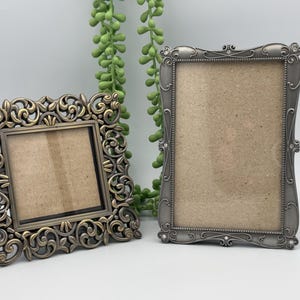 Set of 2 Ornate Metal Picture Frames with Back Stand | Rhinestone Embellished Silver Metal Photo Frame | Mismatched Collection Glass Cover