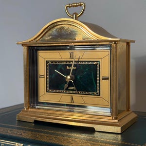 Vintage Bulova Brass Mantel Clock – Faux Marble Face, Roman Numerals, Model B1428 | Carriage Style Desk Clock | Gold Tone Mantel Clock WORKS