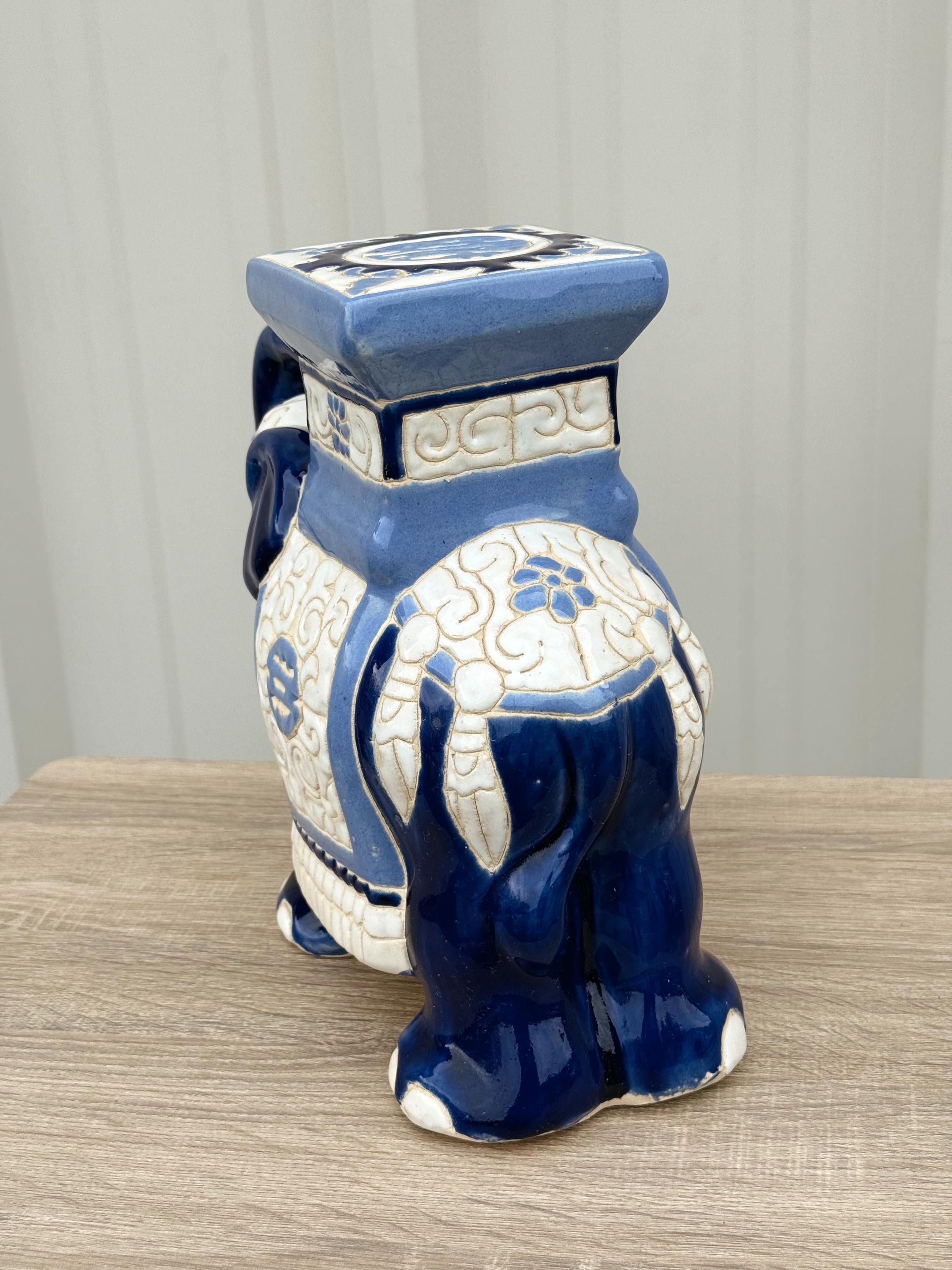 Vintage Chinoiserie Blue and White Ceramic Elephant Garden Plant