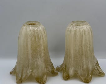 Vintage Amber Swirl Glass Lamp Shades Pair - Ruffled Tulip Sconce Ceiling Fan Replacement Light Covers - 2.25 In Fitter
