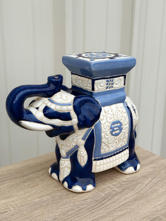 Vintage Chinoiserie Blue and White Ceramic Elephant Garden Plant