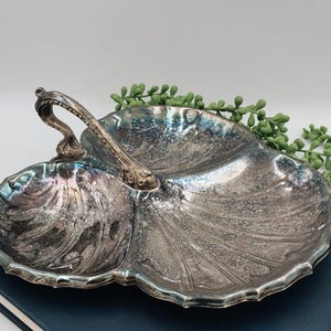 Sheridan Silver Plated 3 Compartment Serving Tray Mid 20th Century Scalloped Leaf Decorative Tray | Art Nouveau Tray | Crescent Leaf Platter