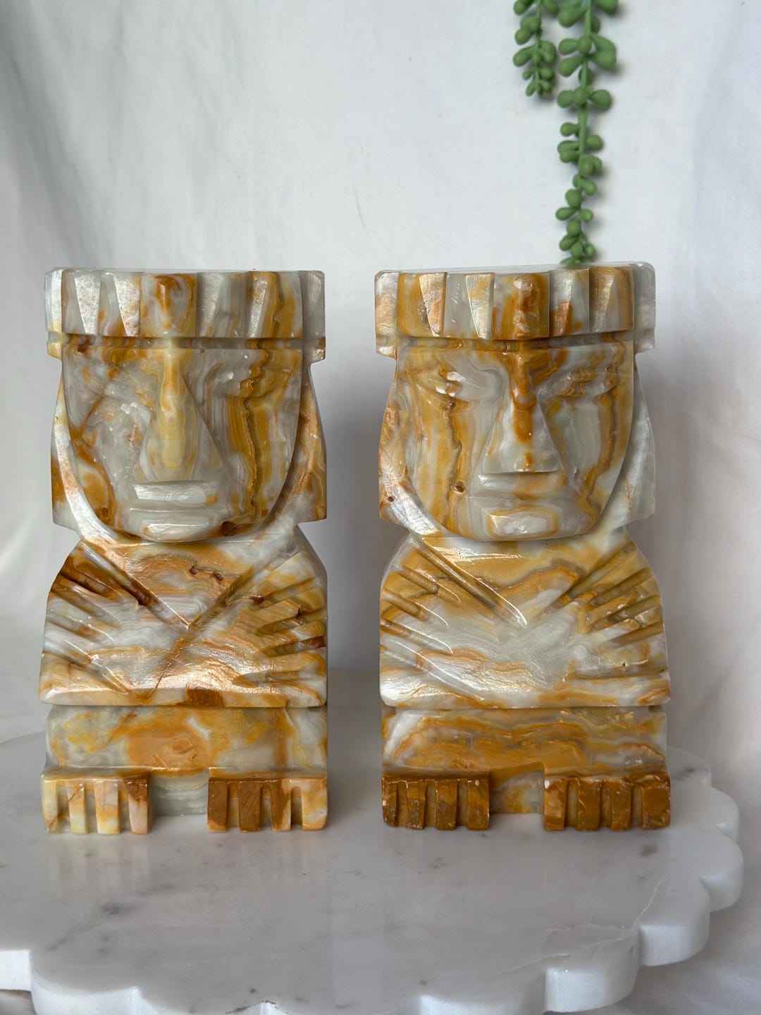 Vintage Onyx Aztec Bookends: Carved Stone Library Decor - Etsy