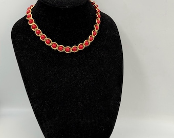 Vintage Gold Tone Red Lucite Necklace Bracelet Set, Unsigned Napier Style Demi Parure, Sculptural Statement Jewelry Retro Gift [ J-161 ]