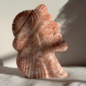 May include: A carved stone sculpture of a profile, featuring a head with a feathered headdress. The sculpture is a mix of white and reddish-pink hues, with visible veining and a polished finish. The artwork is set against a white background.