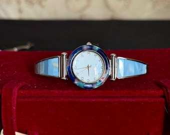 1990s Vintage Avon Watch Blue Abalone Pattern Stretch Band | Mother Of Pearl Style Bracelet Watch