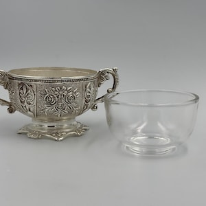 Vintage Silver Toned Twin Handled Rose Bowl with Glass Bowl Insert | Embossed Floral Decorations Pedestal Bowl | Small Trinket Dish Accent