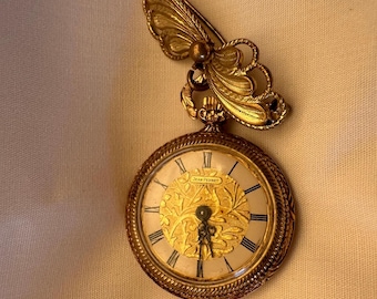 Vintage Watch Brooch Gold Tone Floral Lapel Watch Roman Numeral Dial Victorian Revival Pendant Watch