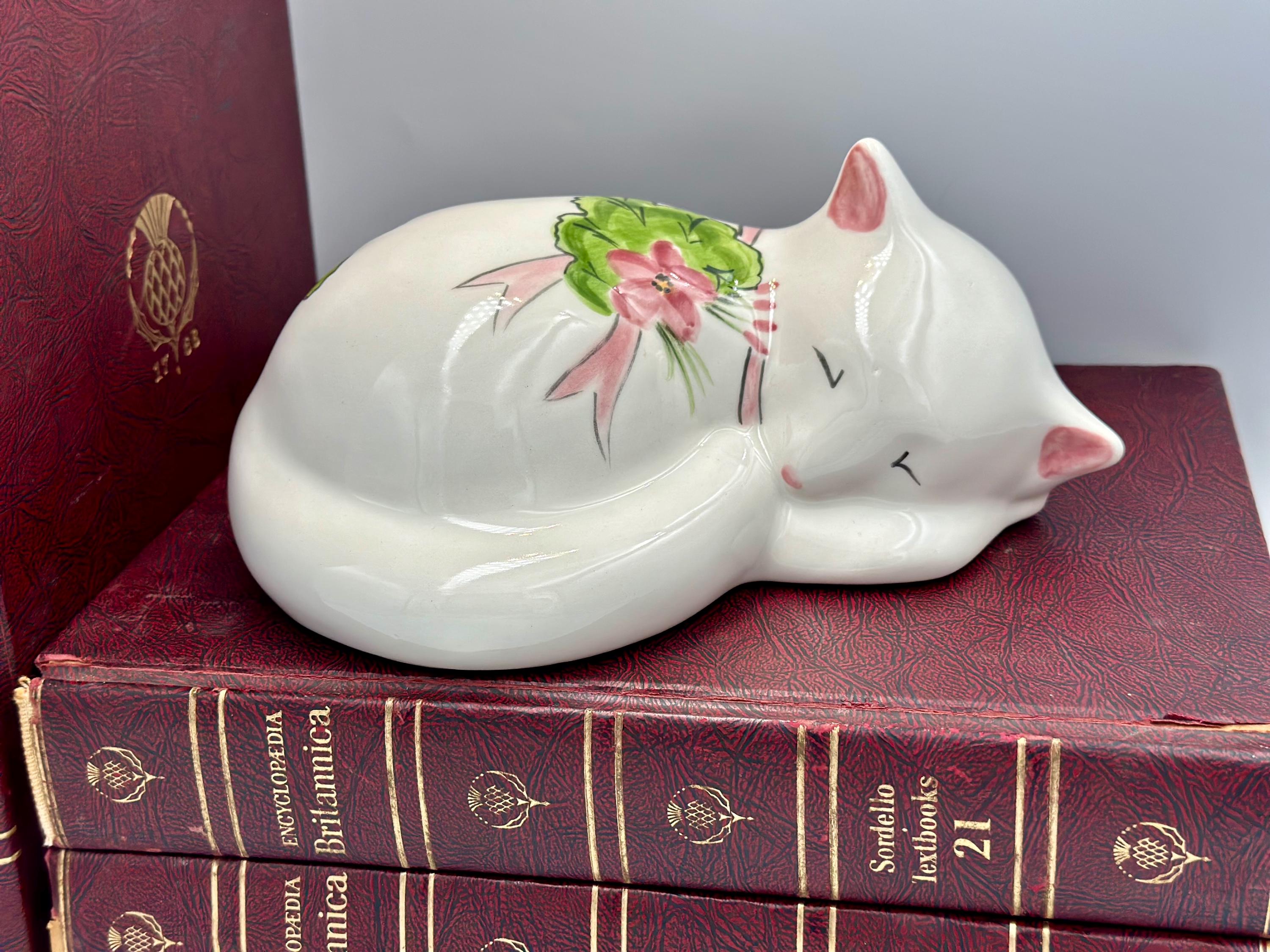 Vintage Ceramic Sleeping Kitty Cat Figurine: Hand-painted Floral