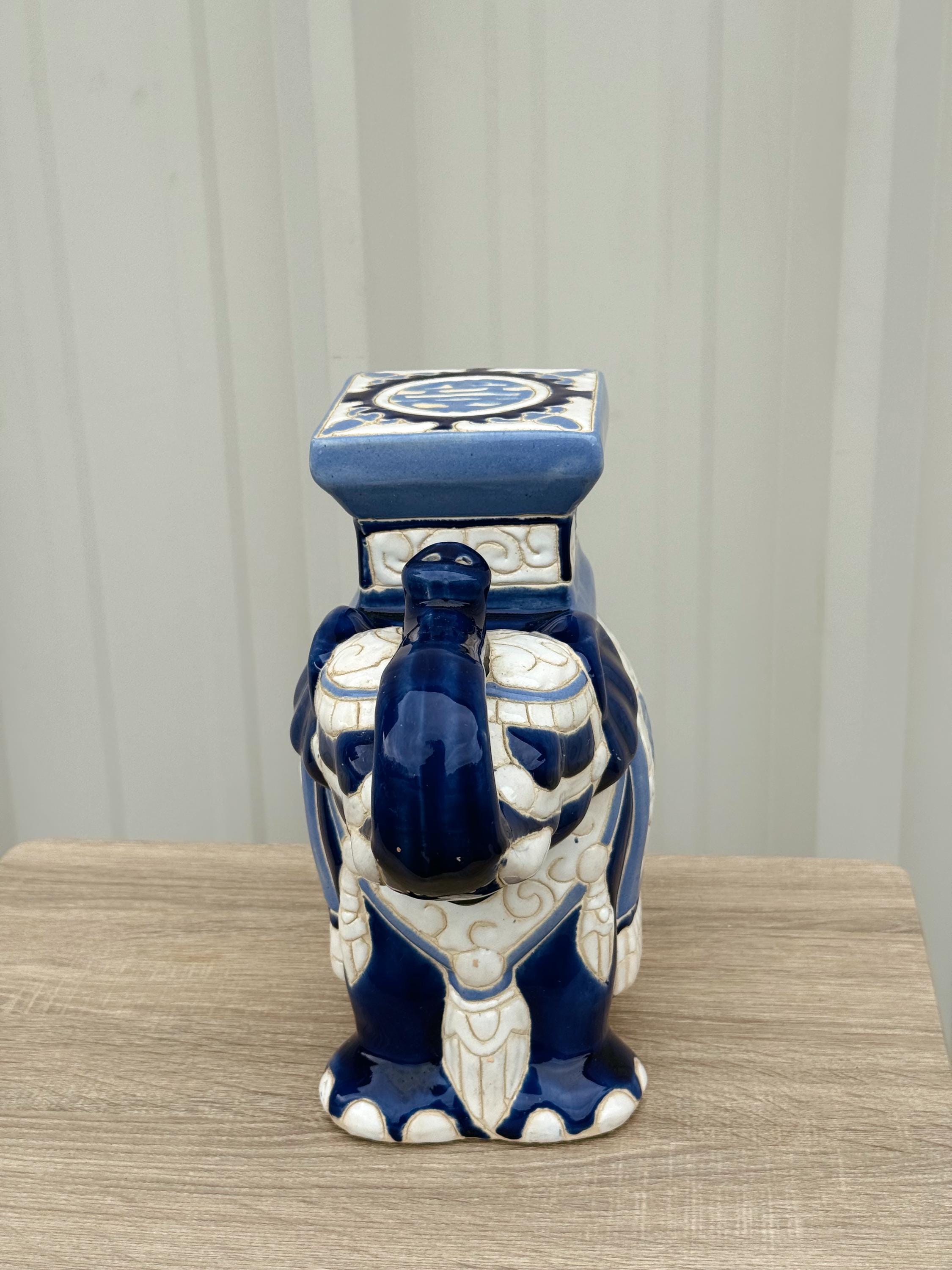 Vintage Chinoiserie Blue and White Ceramic Elephant Garden Plant