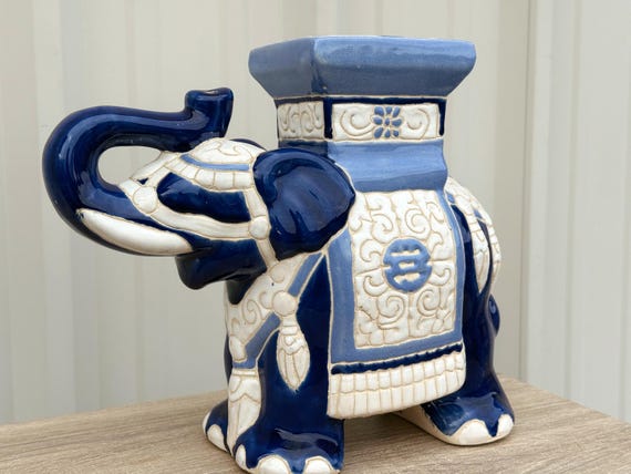Vintage Chinoiserie Blue and White Ceramic Elephant Garden Plant