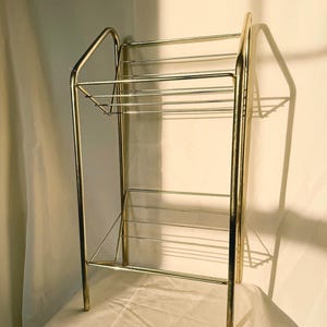 Vintage Gold Toned Metal 2 Tier Standing Storage Wire Rack Shelf | Mid Century Modern Towel Blanket Rack | Hollywood Regency Plant Stand