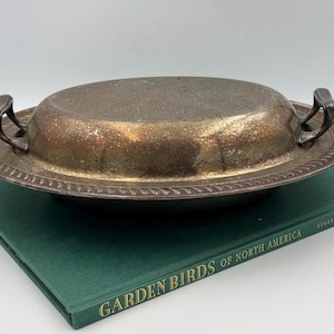 Antique Silver Plated Oval Serving Dish w/ Lid | Oval Scalloped Vintage Kitchen Collectors Silver Dish w/ Side Handles Unpolished Original