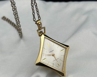 vintage Saxony Swiss-Made Pendant Watch w/ Gold Tone Chain
