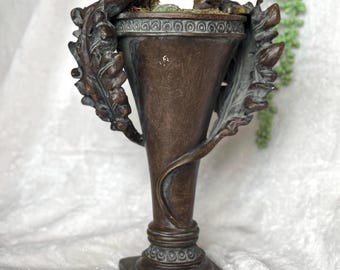Vintage Two Laurel Wreath Handles Pedestal Roman Vase | Resin Bronze Flared Shaped Planter Flower Display | Ornate Urn
